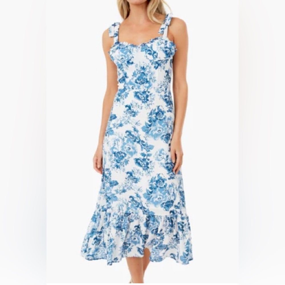 Blue Floral Slip Midi Dress - White & Blue